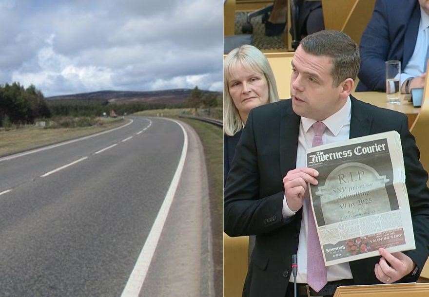 Douglas Ross on the A9 holding up the Inverness Courier.
