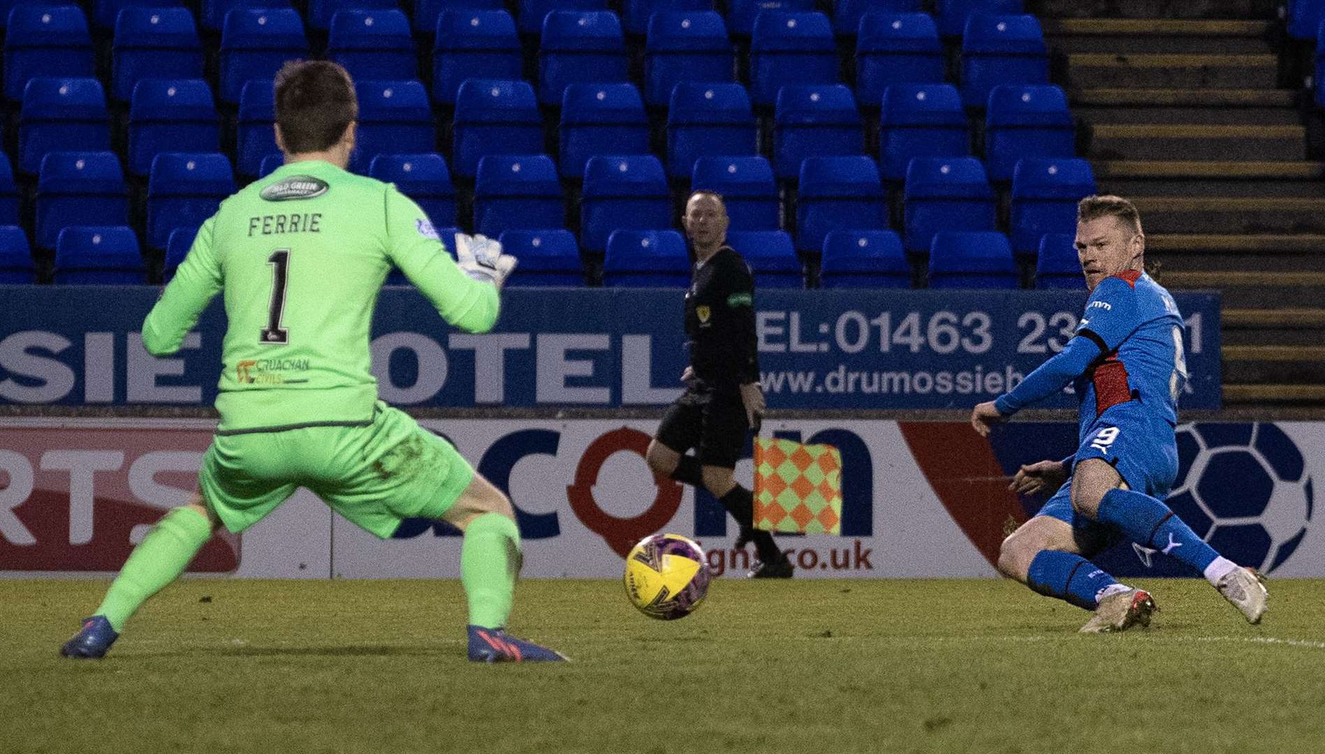 ICT’s Billy McKay sees his shot saved by Queen's Park 'keeper Calum Ferrie.