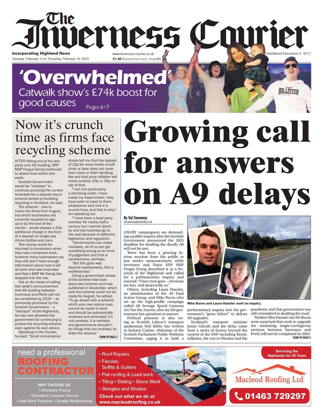 The Inverness Courier, February 14, front page.