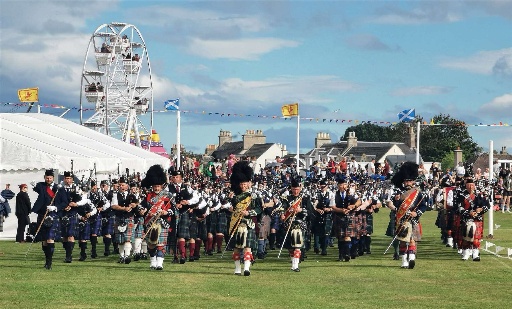 Massed pipe bands at the recent Nairn Games. Picture: Moira MacKintosh, Nairn