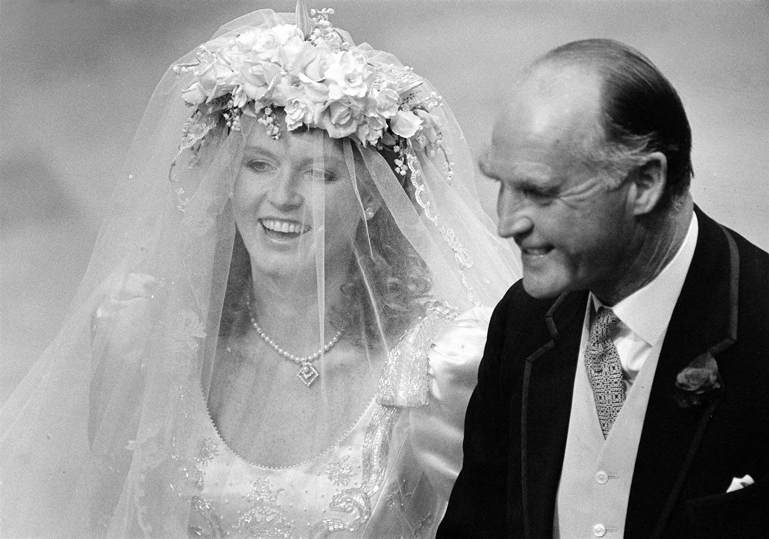 The Duchess of York on her wedding day with her father Major Ronald Ferguson (PA)