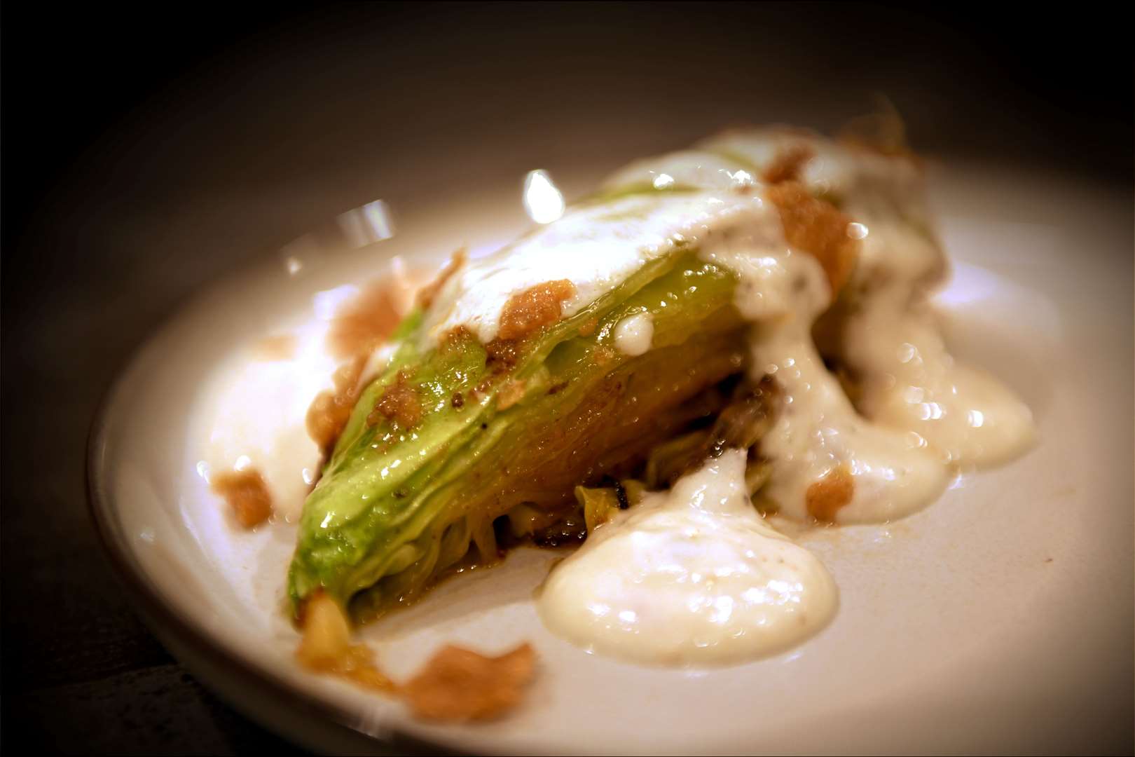 Hispi cabbage, chicken skin butter and caesar dressing. Picture: James Mackenzie.