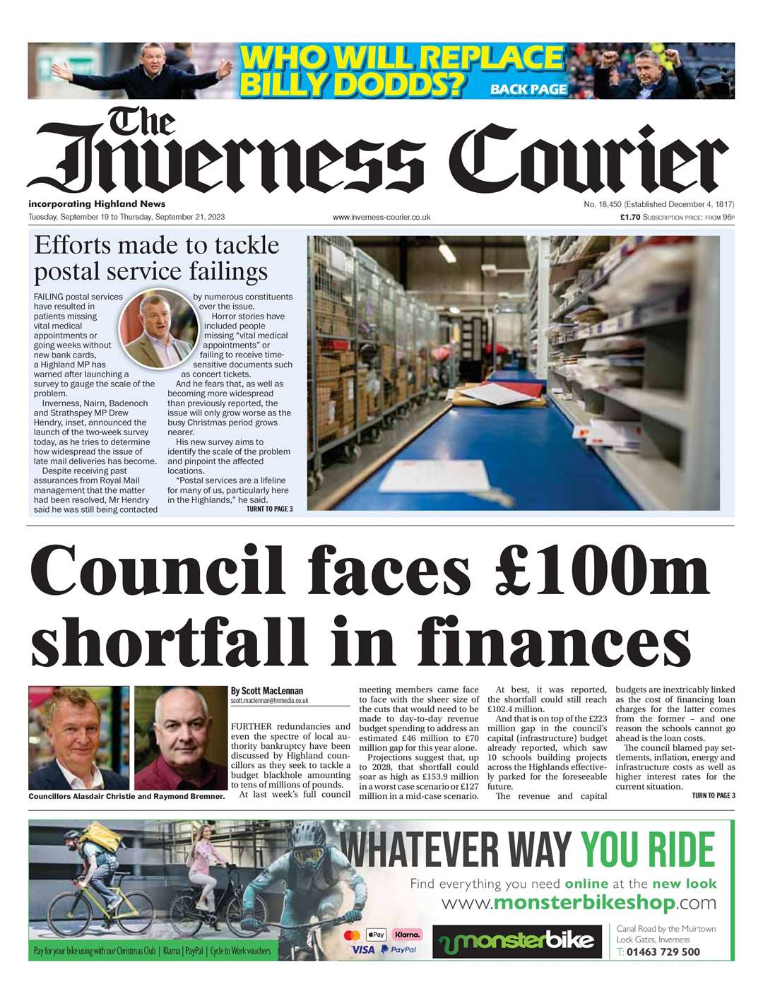 The Inverness Courier, September 19, front page.