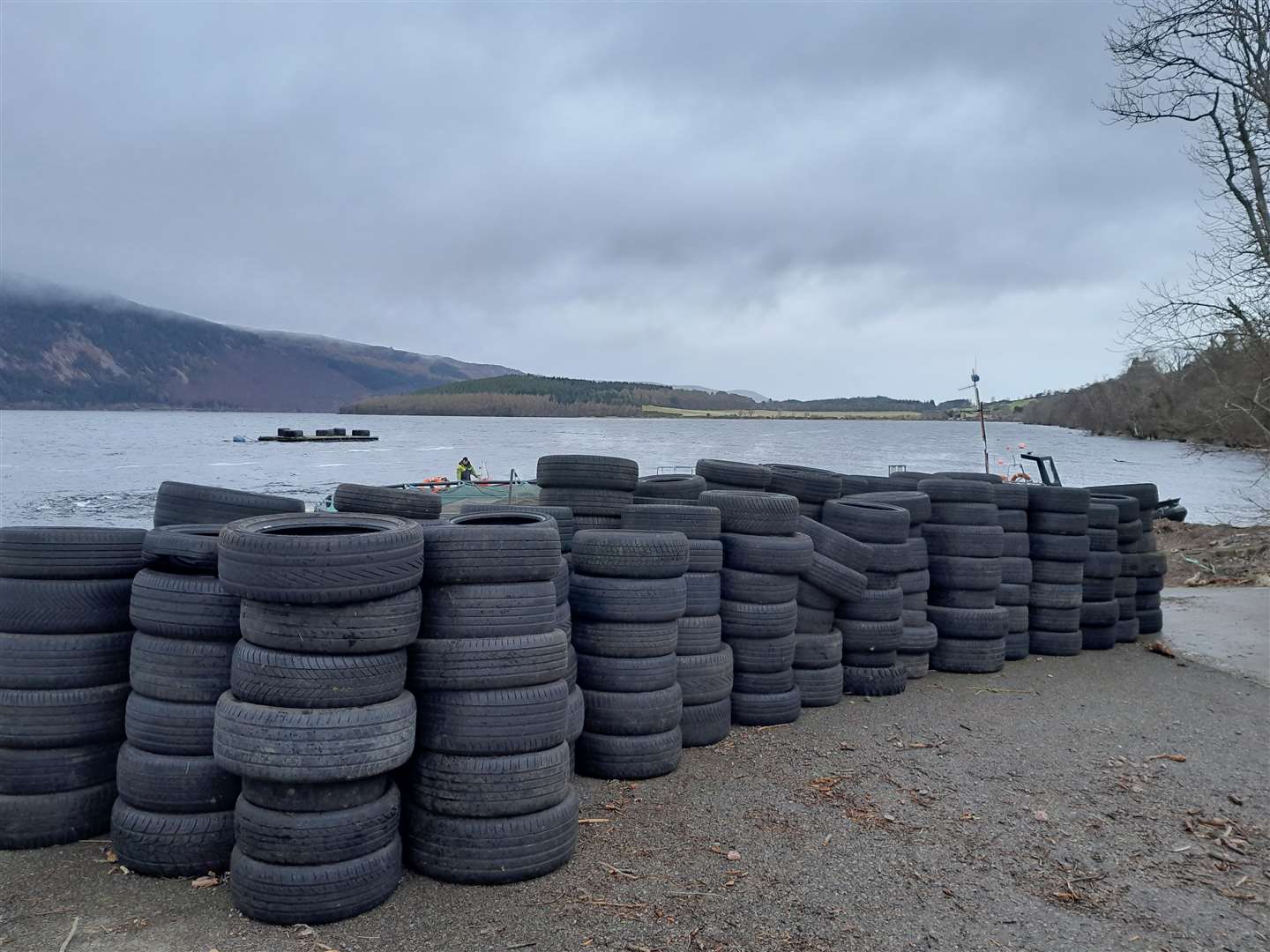 More than 300 tyres were collected after being dumped at Loch Ness.