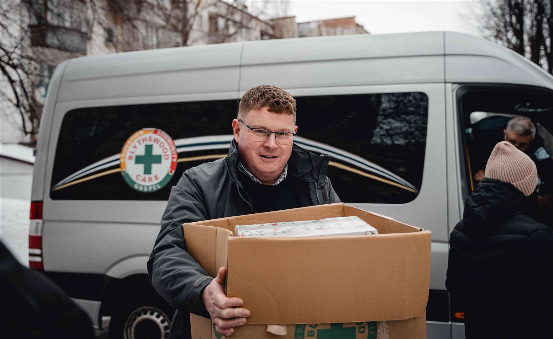 Rev Jeremy Ross delivering shoeboxes in Ukraine in December.