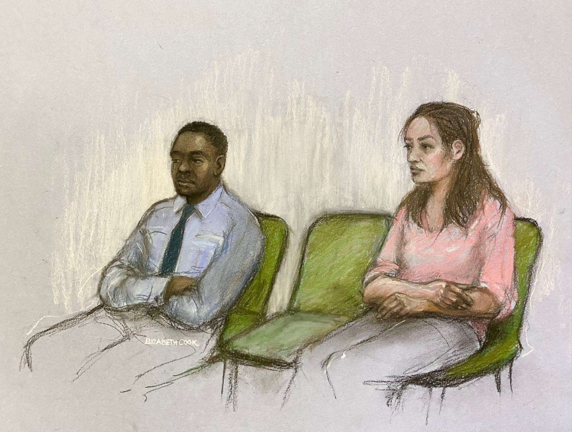 Court artist sketch of Constance Marten and Mark Gordon at the Old Bailey earlier in the trial (Elizabeth Cook/PA)