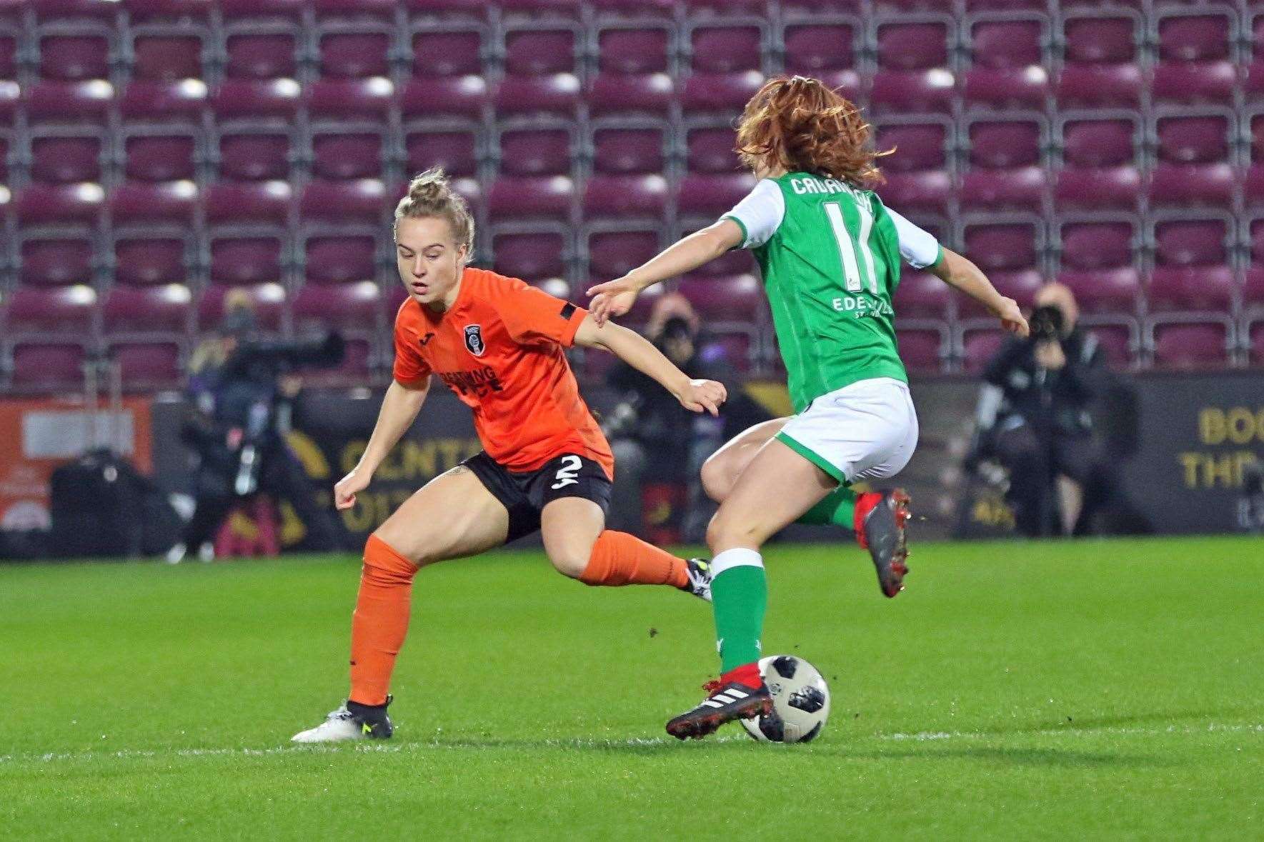 Rachel McLauchlan watches her opposite number closely as Glasgow City takes on Hibernian during the 2019 Scottish Cup final. Picture: Tommy Hughes