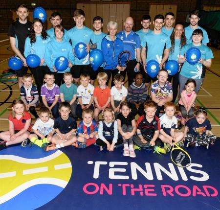 Judy Murray and Kris Soutar (centre) delivered two Tennis on the Road programmes at Inverness Leisure on Wednesday.