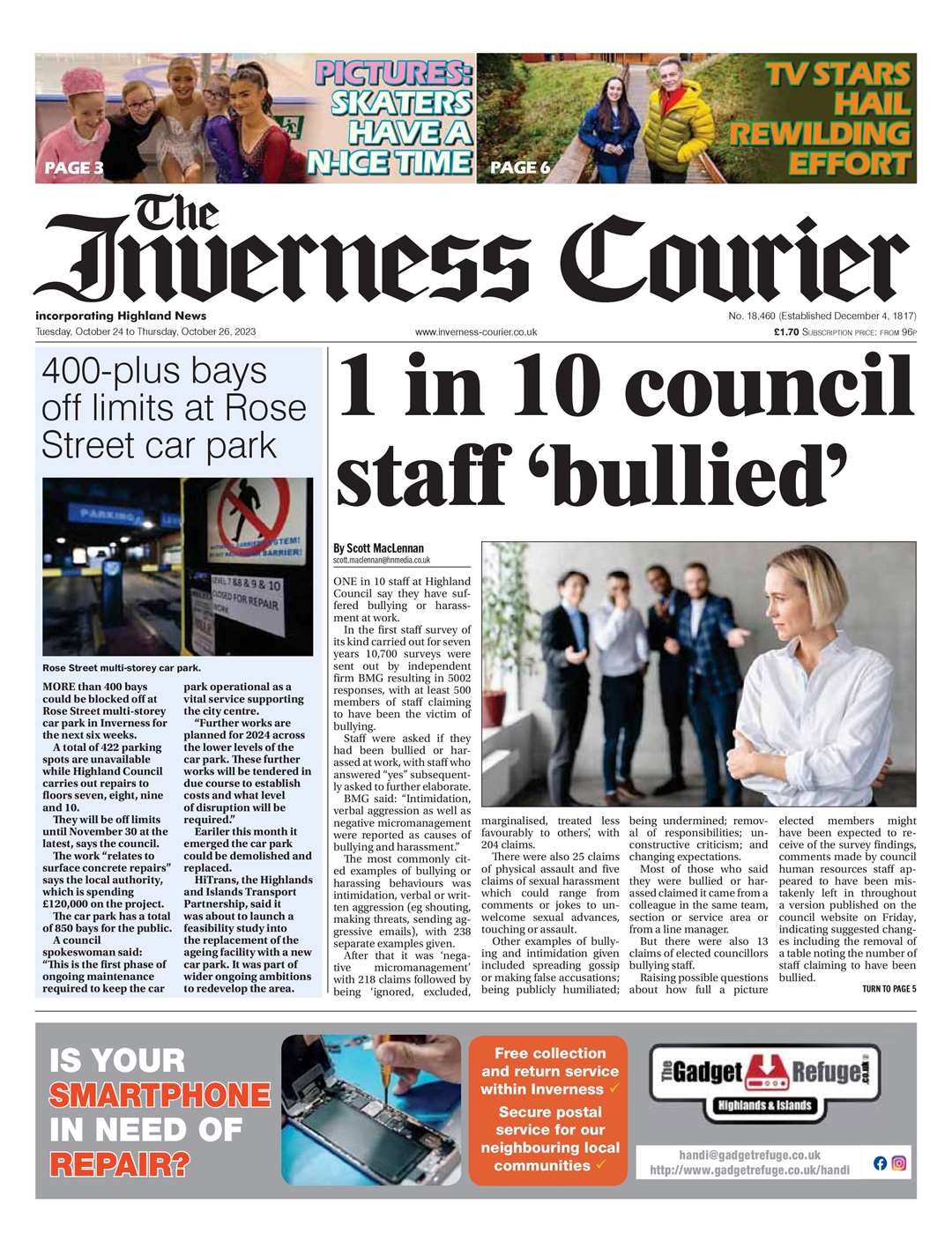 The Inverness Courier, October 24, front page.