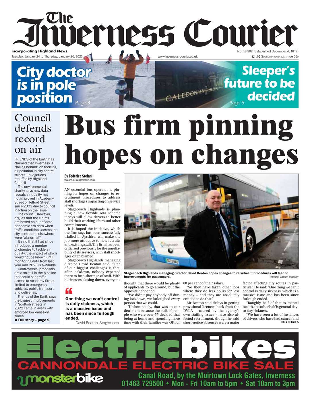 The Inverness Courier, January 24, front page.