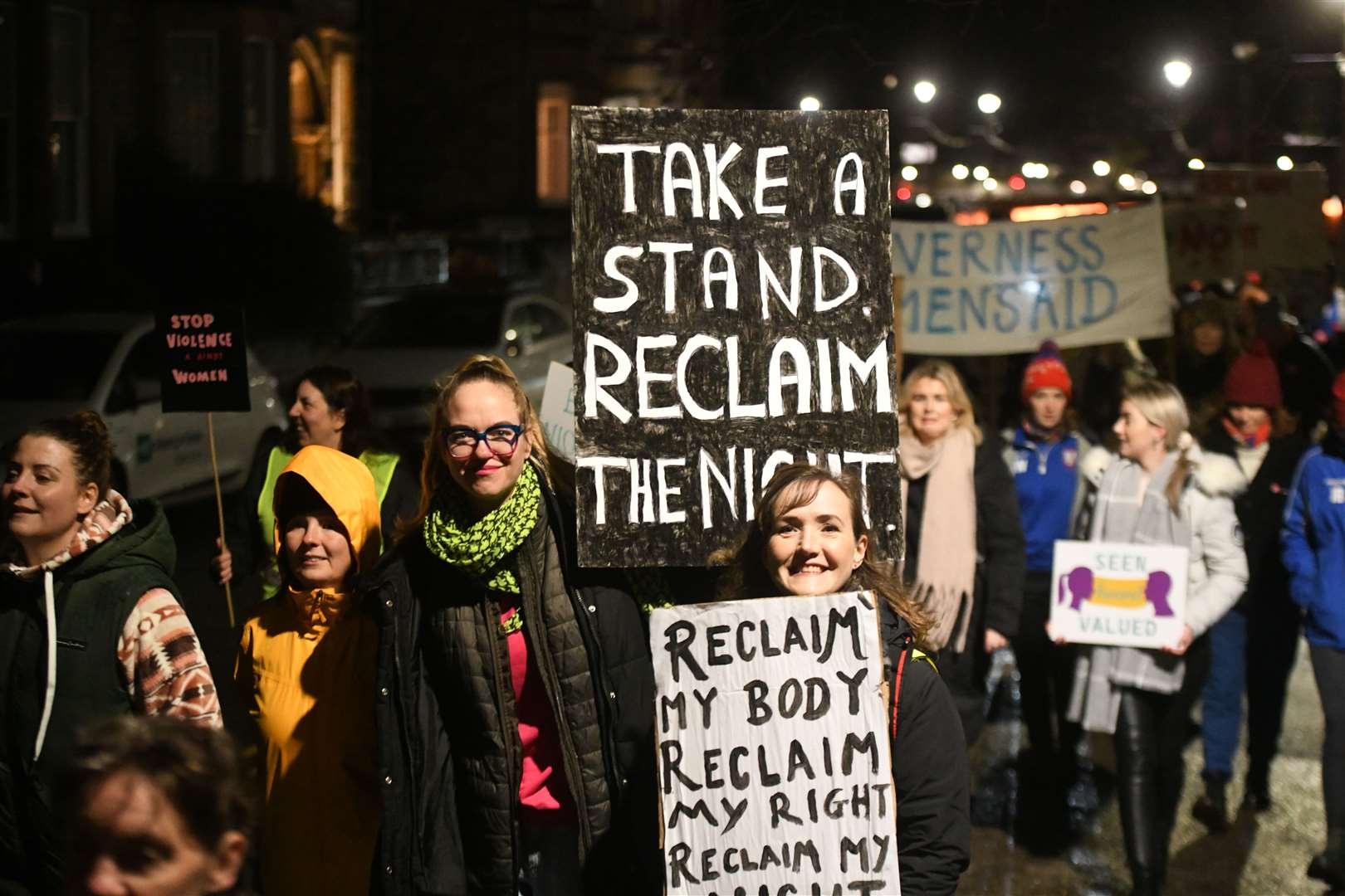 "Take a stand. Reclaim the night" and "Reclaim my body. Reclaim my right. Reclaim my night". Picture: James Mackenzie.