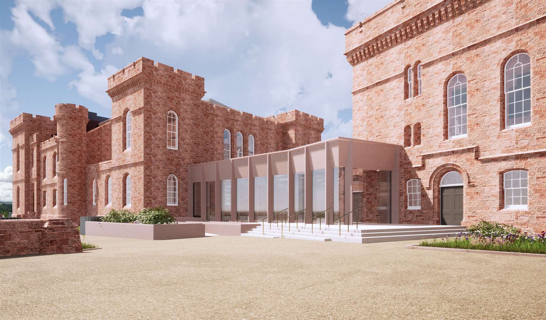 The planned new exterior of Inverness Castle, showing a proposed new building linking the two towers, viewed from the east.