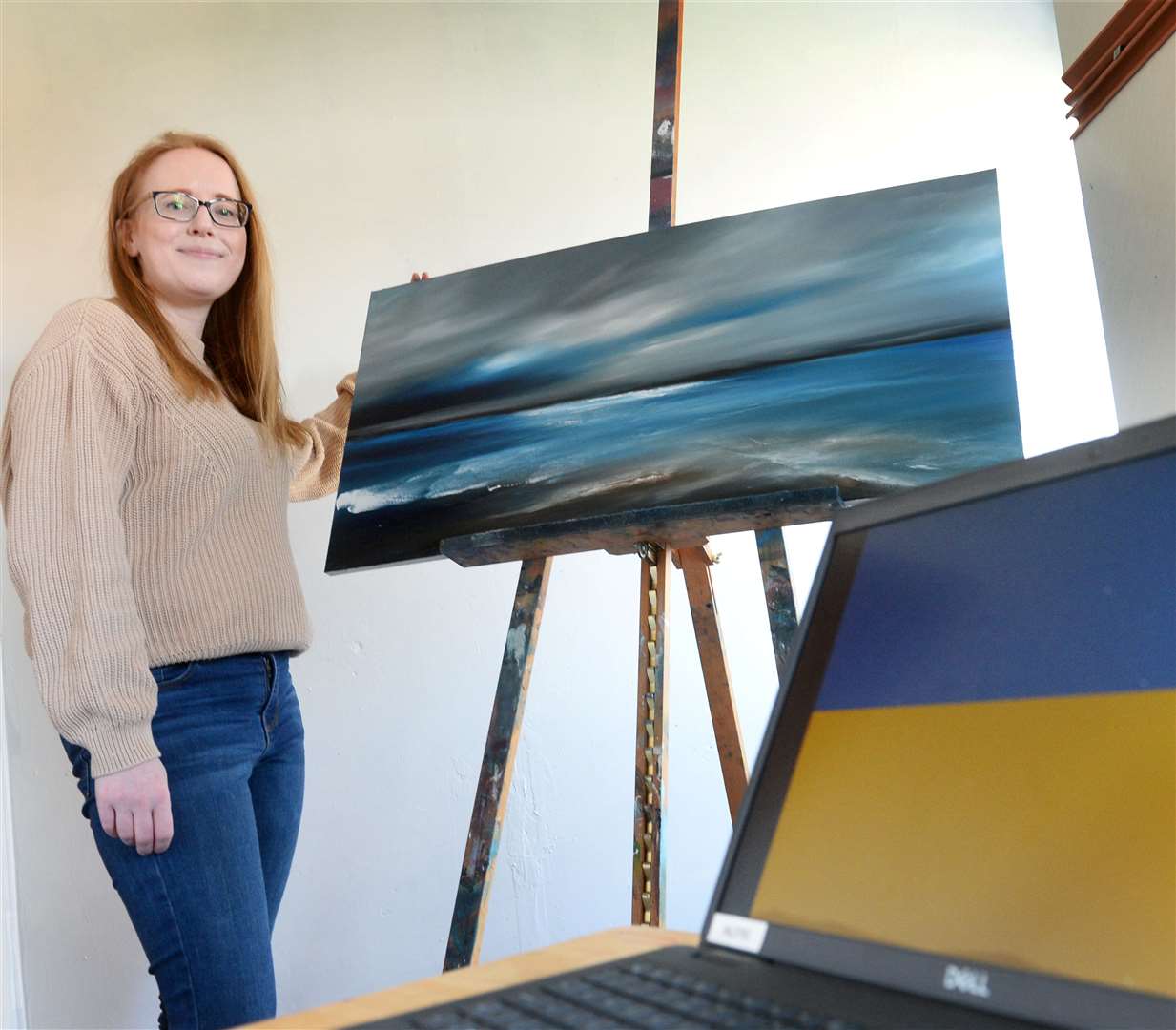 Artist Reina Edmiston with her oil on canvas painting 'Seek Calm'. Picture Gary Anthony