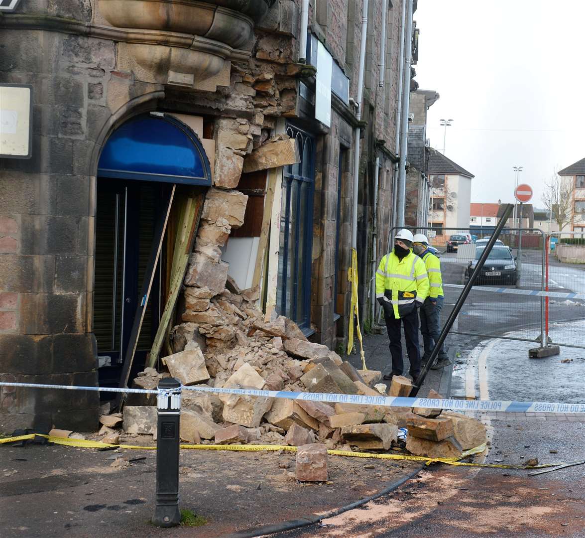 Damaged building following RTC on Grant Street as car hits former William Hill on junction with Lochalsh Road on Thursday night..Picture HN&M staff..