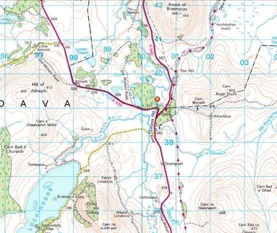 A map showing the wider area with the A939 to Nairn and the A940 to Forres.