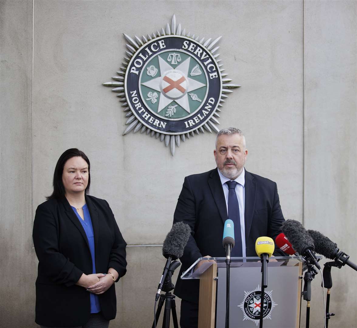 Detective Chief Inspector Neil McGuinness with Detective Inspector Gina Quinn from Police Service of Northern Ireland’s major investigation team, speak to the media at PSNI Headquarters in Belfast (Liam McBurney/PA)