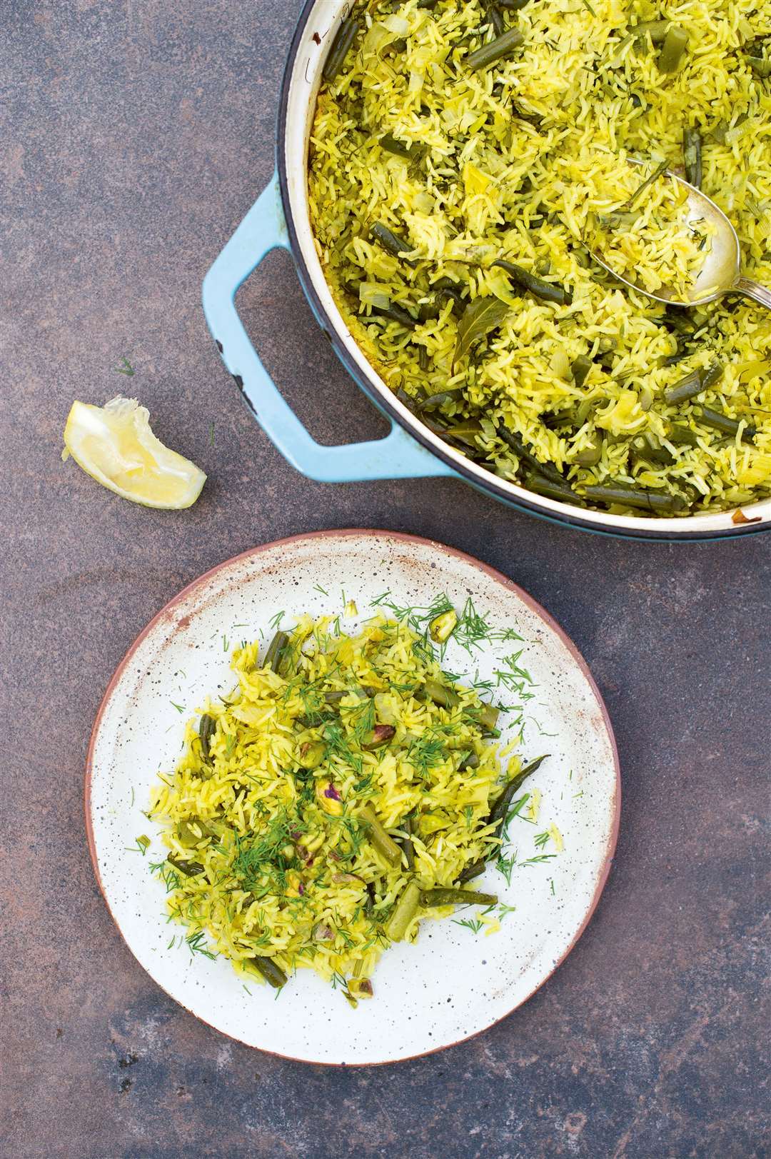 Dill, lemon and green bean pilaf from Herb by Mark Diacono (Quadrille). Picture: Mark Diacono/PA