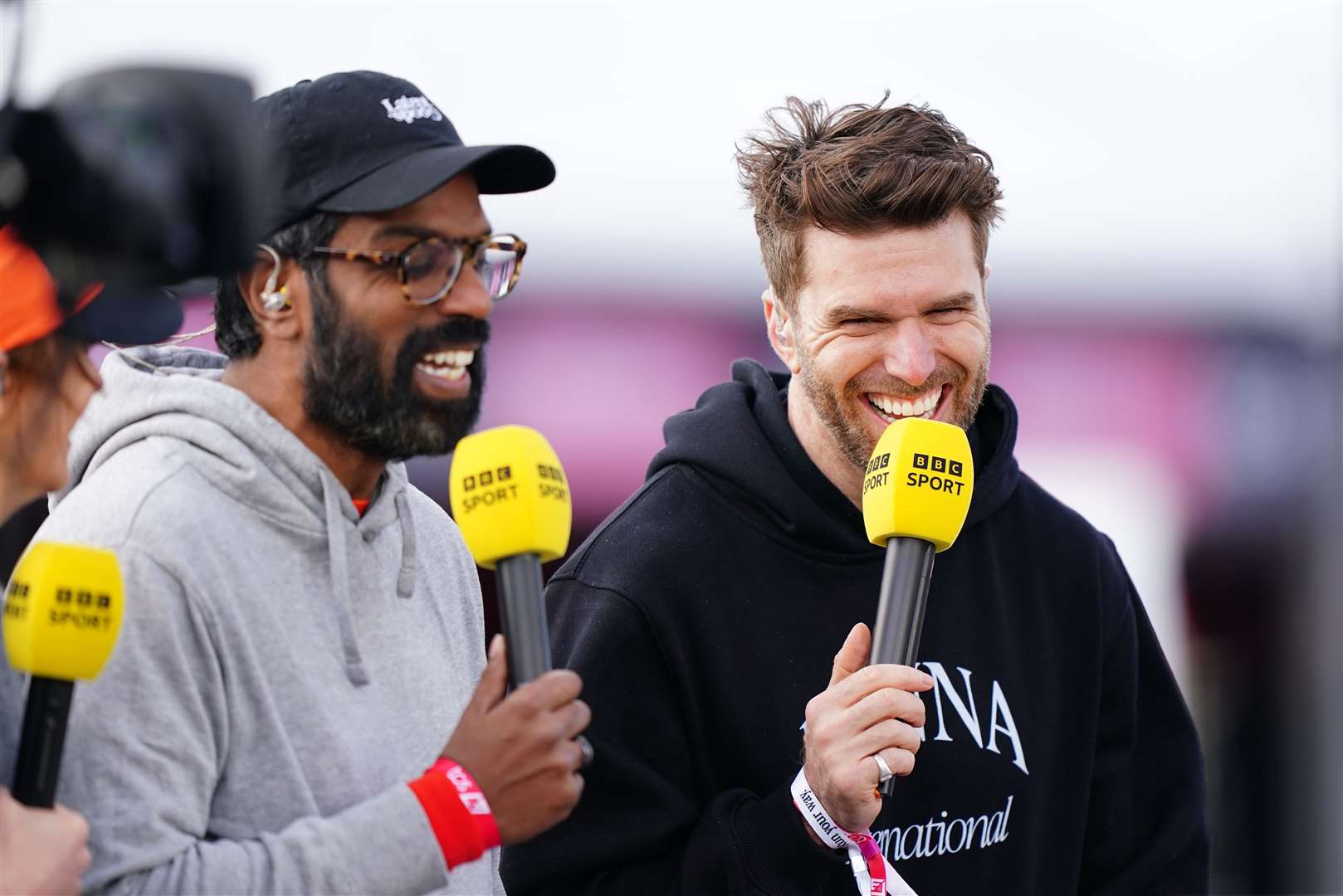 Romesh Ranganathan and Joel Dommett speak to BBC Sport during the TCS London Marathon (Zac Goodwin/PA)