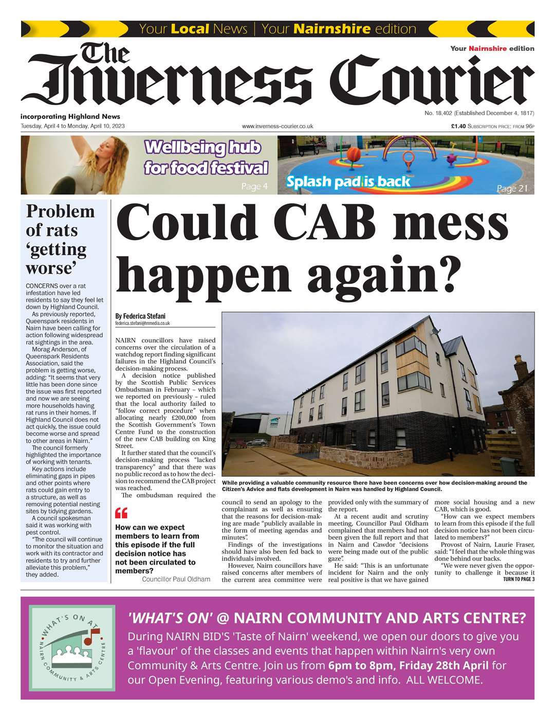 The Inverness Courier (Nairnshire edition), April 4, front page.