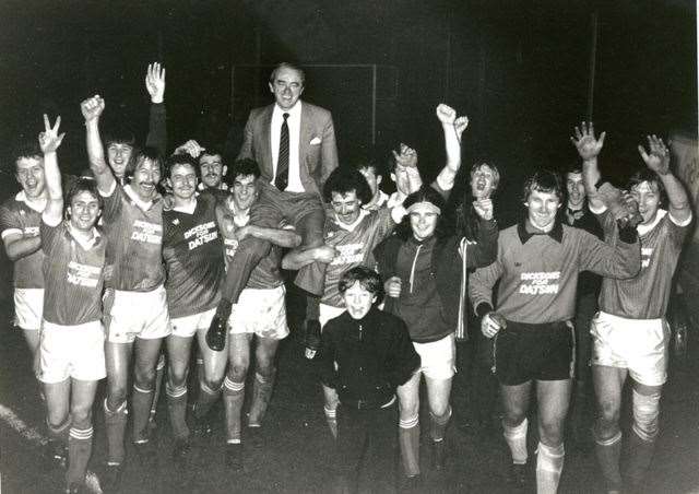 Manager Alex Main is held aloft at the final whistle having led Inverness Caledonian FC to the 1982-83 title undefeated.