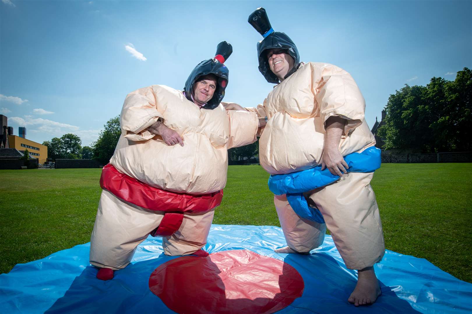 Steve Walsh and Les Kidger in Sumo suits. Picture: Callum Mackay