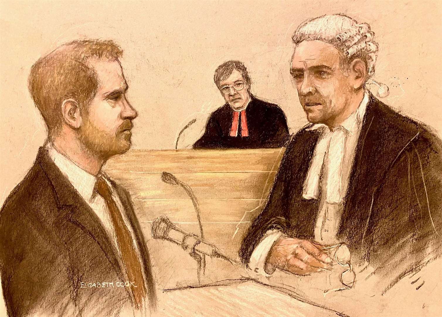 Court artist sketch by Elizabeth Cook of the Duke of Sussex (left) being cross examined by Andrew Green KC (Elizabeth Cook/PA)