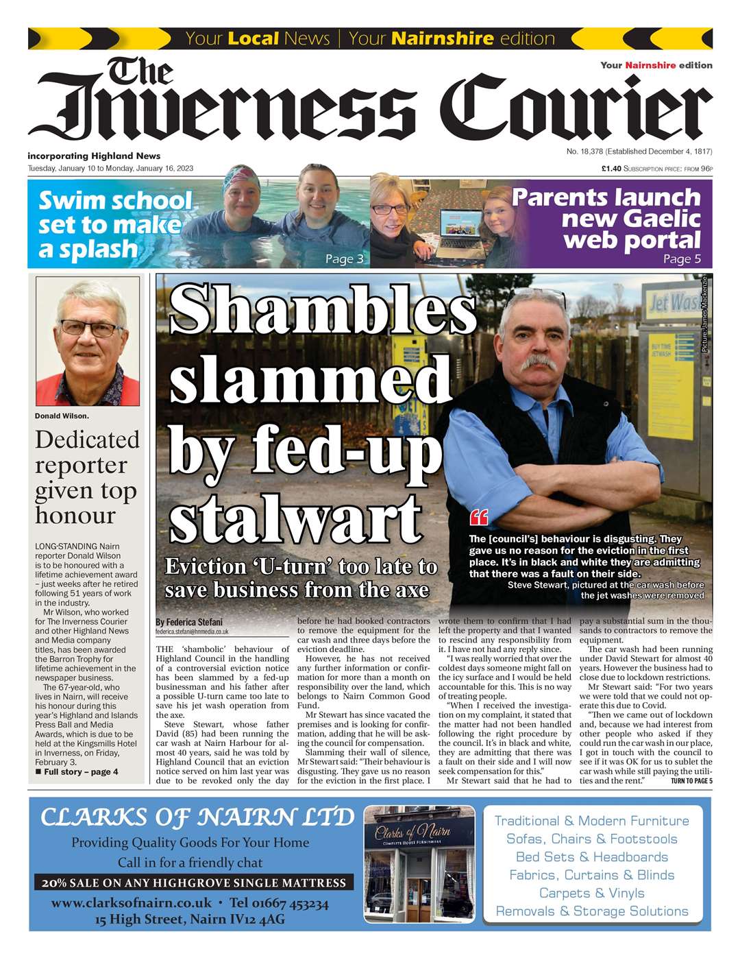 The Inverness Courier (Nairnshire edition), January 10, front page.