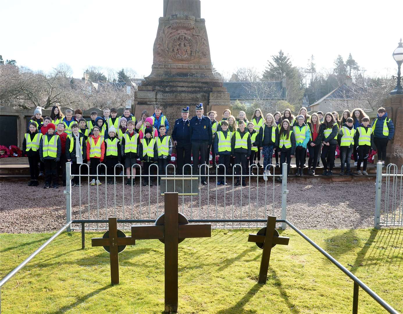 Holm Primary School pupils visit the memorial in Cavell Gardens, Inverness, as part of a project about World War II.