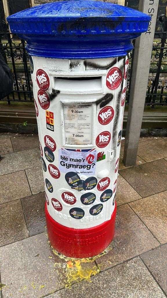 Welsh independence and pro-republican stickers on the postbox (Bronwen Weatherby/PA)