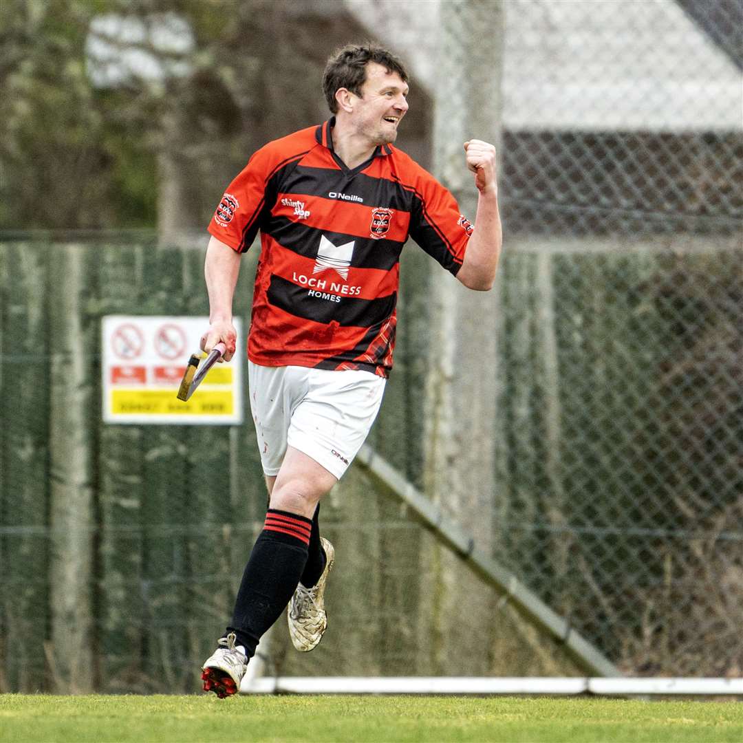 David MacLennan scores the opening goal for Glenurquhart. Strathglass v Glenurquhart in the Macdonald Cup pre-season game. Played at Cannich..
