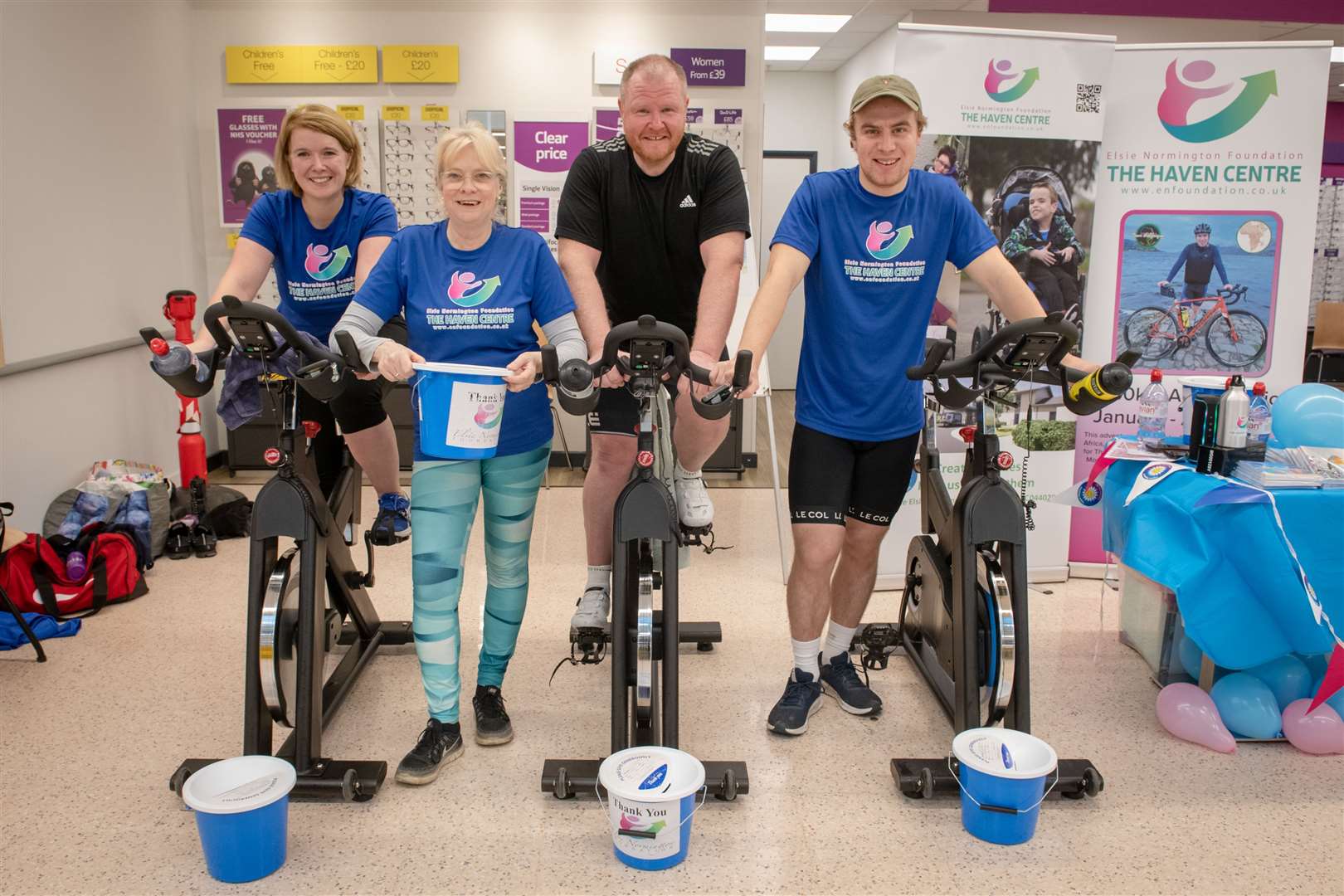 John Prendegast (right) who is undertaking the Tour de Afrique, takes part in a fundraising event with Kirstin Mackay, programme manager for the Elsie Normington Foundation, Scott Murray of Inverness Fitness Studio, and Rona Matheson, fundraiser for the Elsie Normington Foundation. Picture: Callum Mackay..