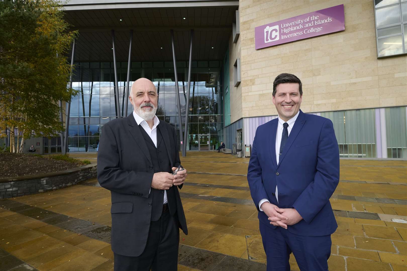 Principal and chief executive Professor Chris O’Neil (left) welcomes Jamie Hepburn MSP to Inverness College UHI.
