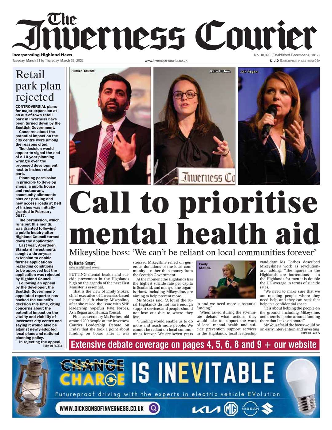 The Inverness Courier, March 21, front page.