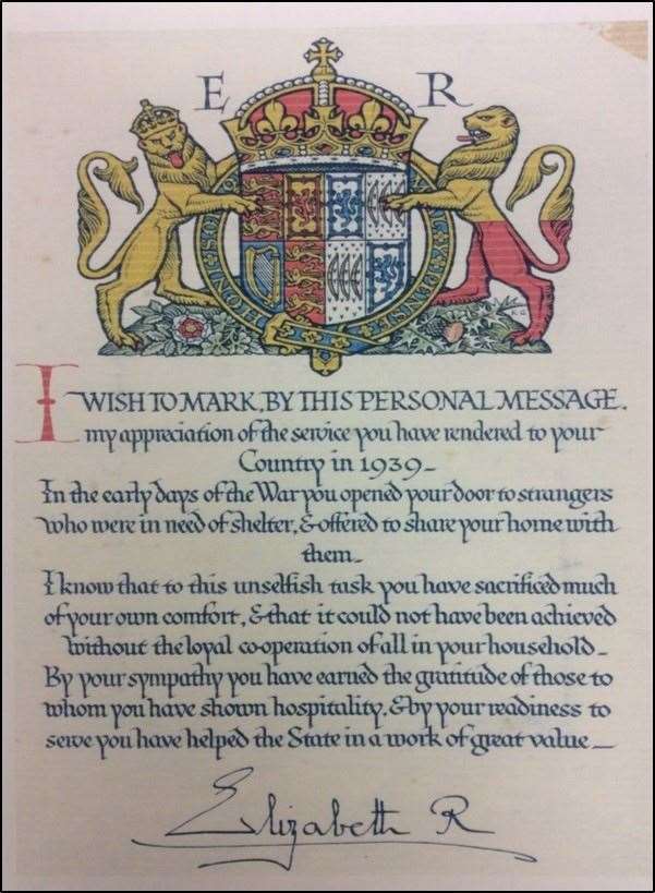 The letter sent by Queen Elizabeth the Queen Mother after the war to thank householders for hosting evacuees
