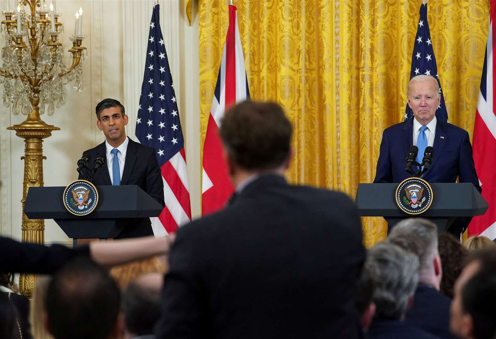 Prime Minister Rishi Sunak and US President Joe Biden take part in a joint press conference in the East Room at the White House (Kevin Lamarque/PA)