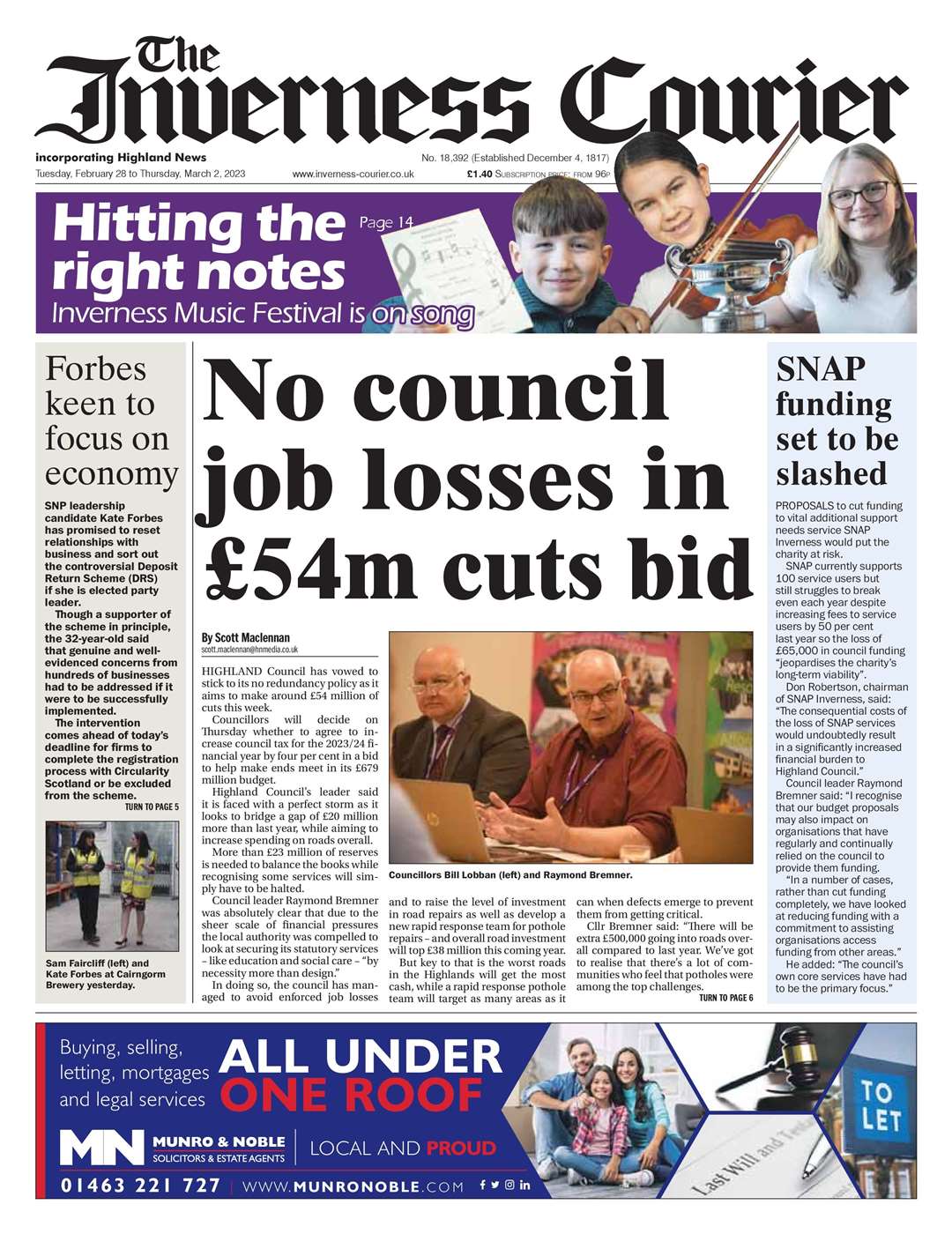 The Inverness Courier, February 28, front page.