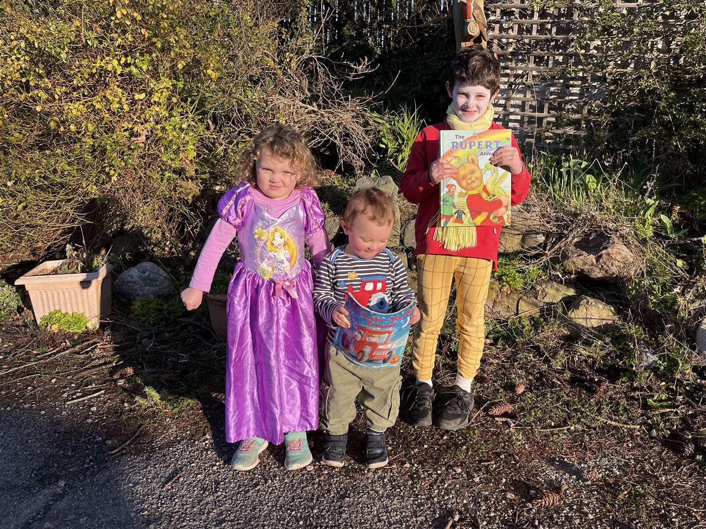 Mariana (4), as Rapunzel, brother Eachann (1), as the boy in ‘Goodnight Tractor’ and Ruairidh Eòsaph (6), as Rupert. Picture: Anne Marie.