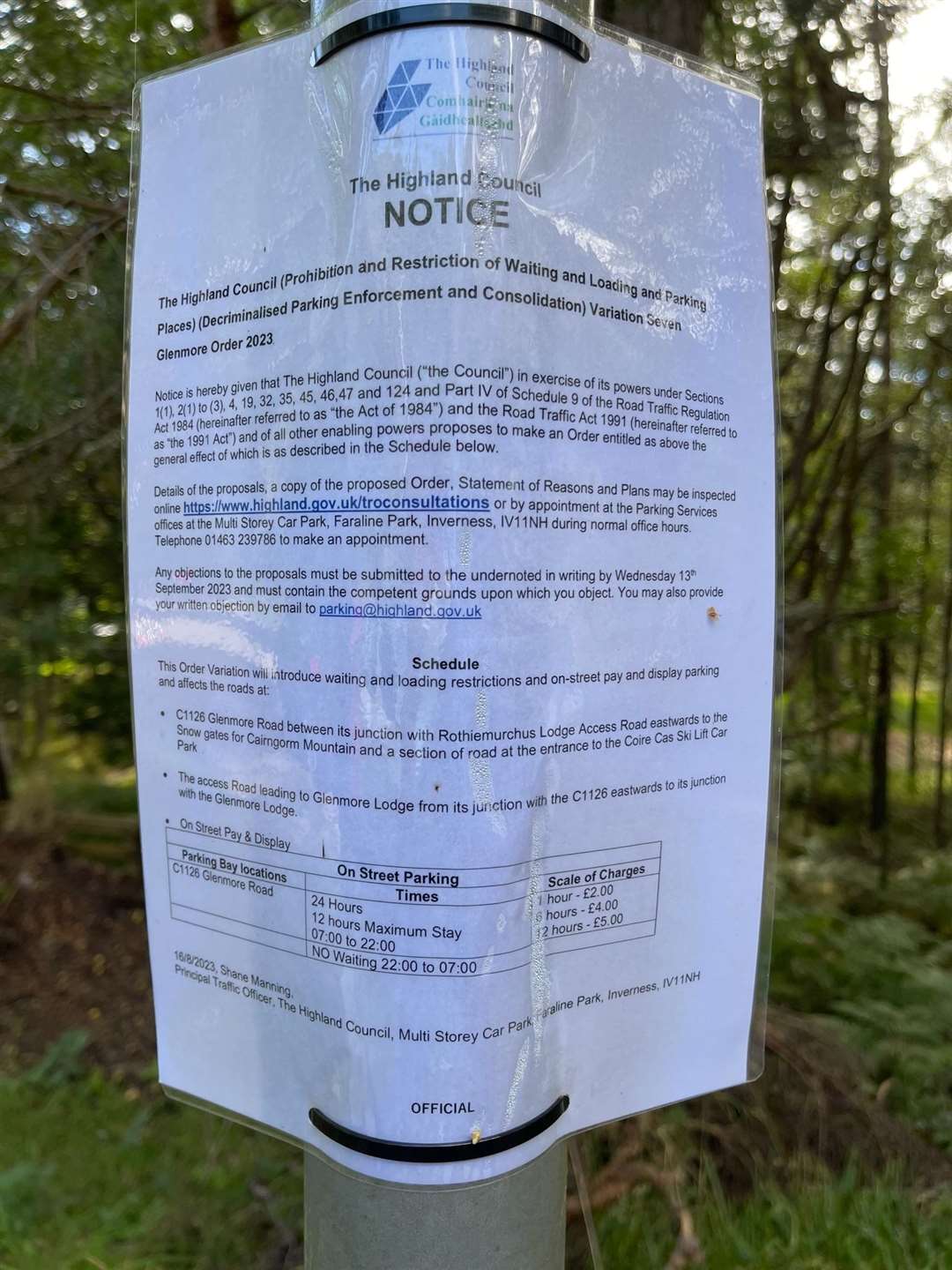 The advertisement of the parking notice proposals on display in Glenmore last Autumn. They have now been amended in response to the backlash in a public consultation.