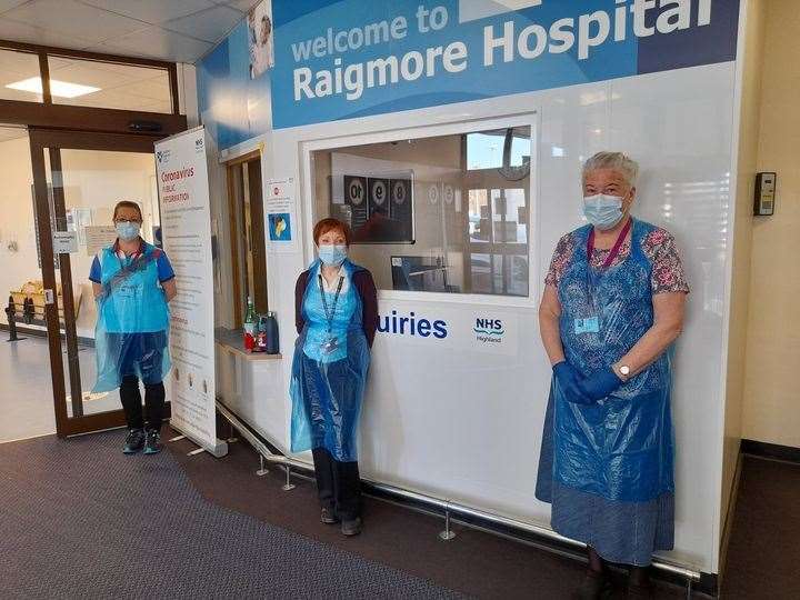 Some of the NHS Highland volunteers standing down after months of hard work during the pandemic. Pictured are (l-r) Ros MacKenzie, Liz Ross and Shona Gillies during one of their shifts at Raigmore.