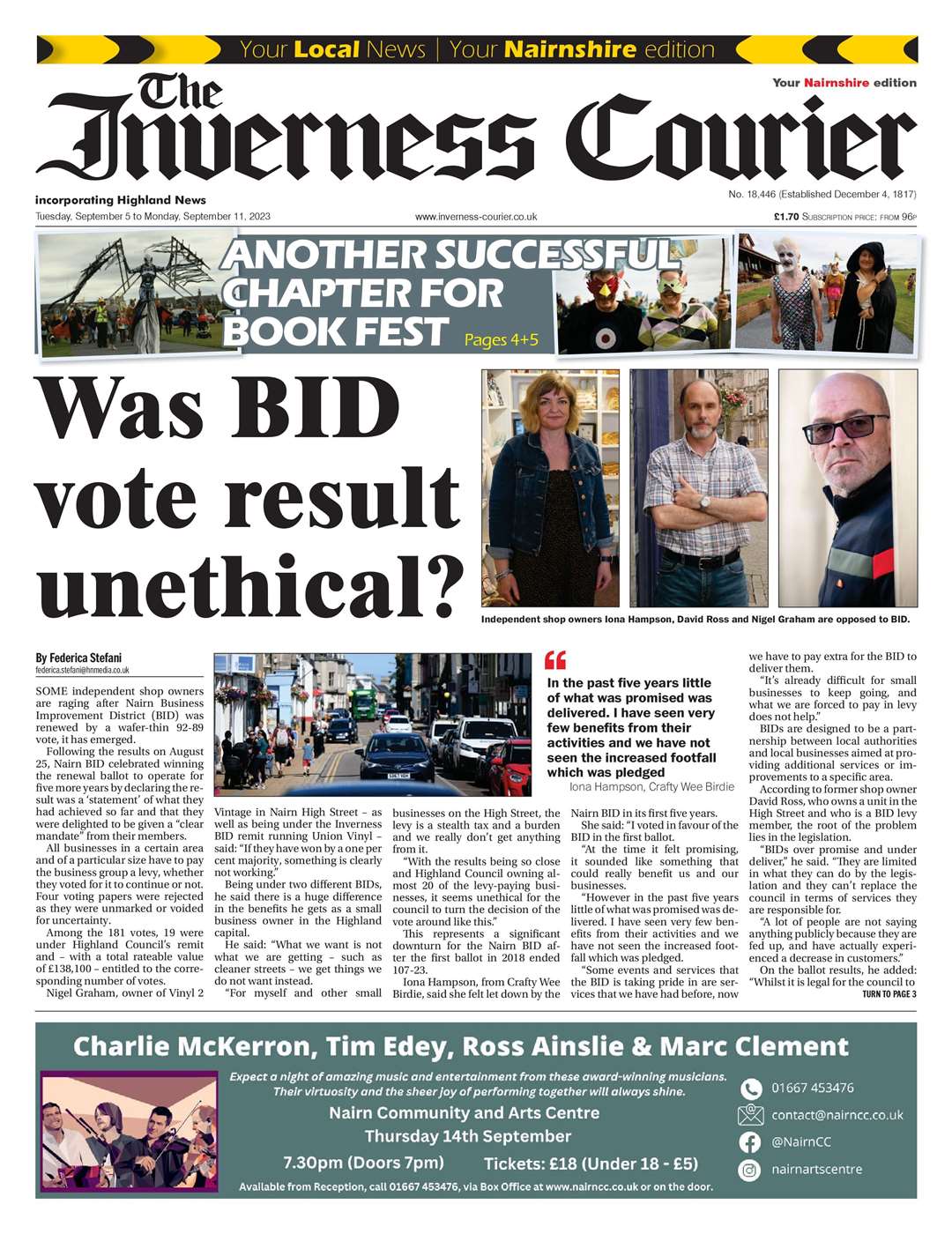 The Inverness Courier (Nairnshire edition), September 5, front page.