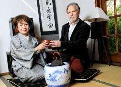 Michael Gutteridge and his wife Aya enjoying the Japanese tea ceremony.