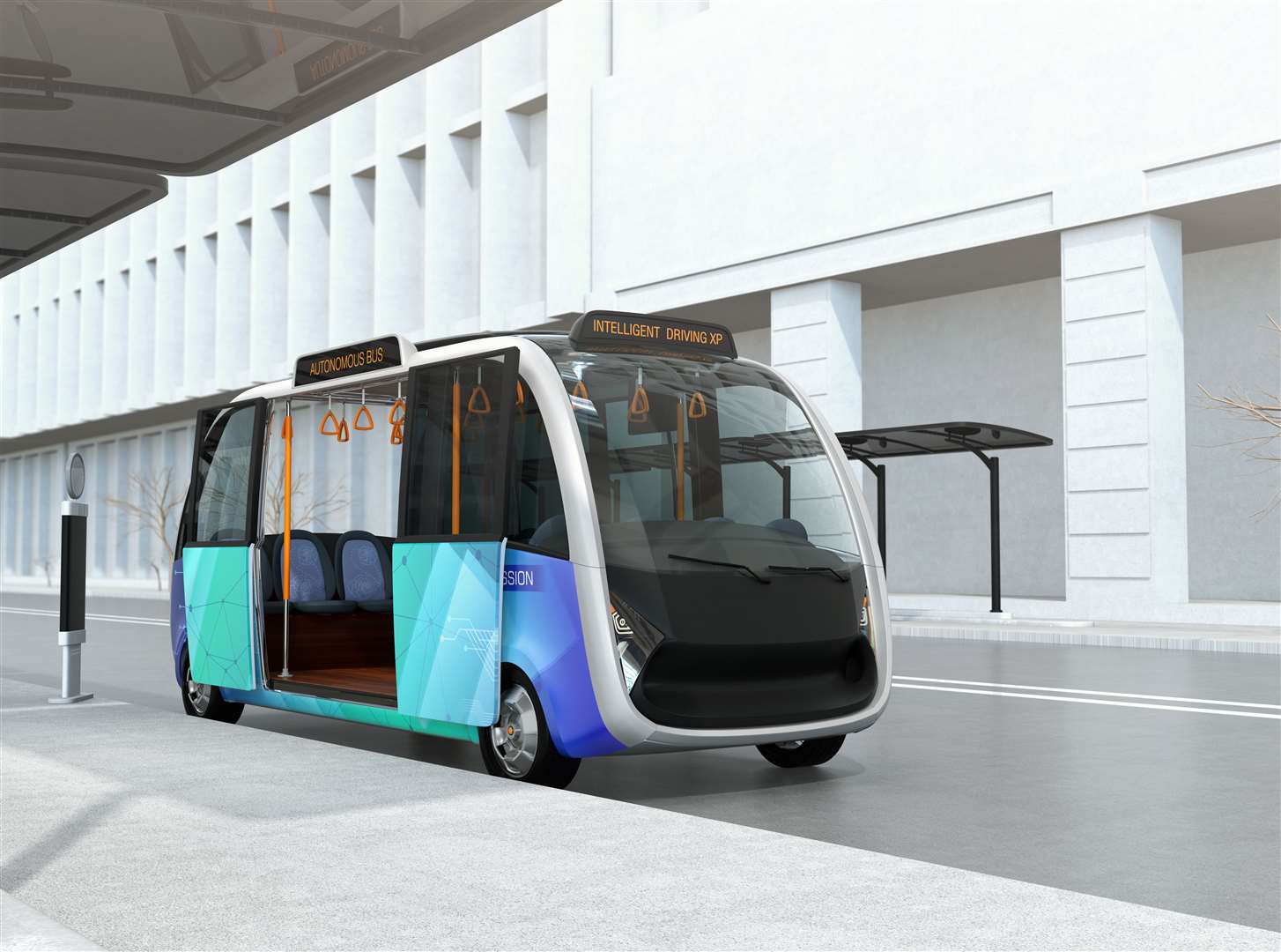Self-driving shuttle bus waiting at bus station. The bus station equipped with solar panels for electric power.