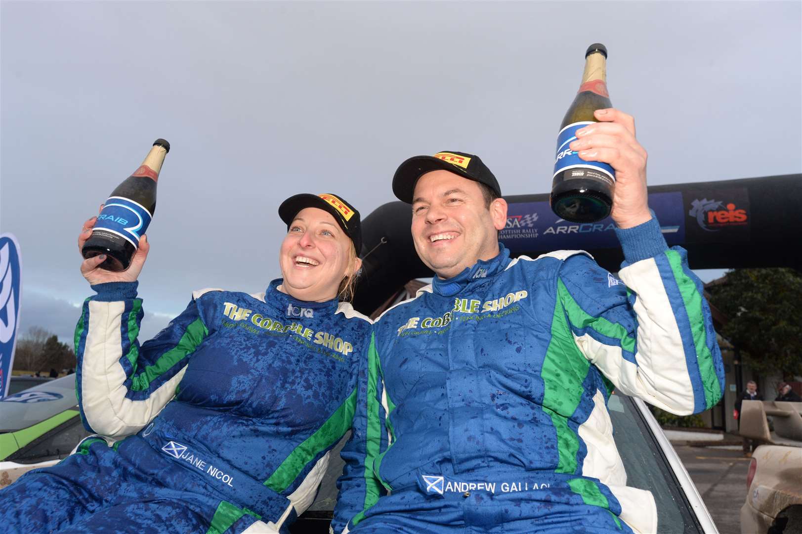 Jane Nicol and Andrew Gallacher celebrate winning the Snowman Rally in 2018. Photo: SPP