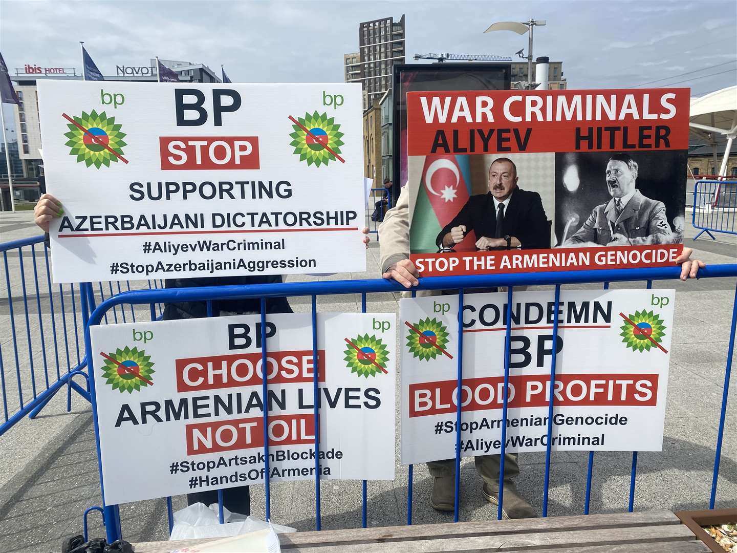 Members of British Armenian, a charitable organisation, protesting outside BP’s annual general meeting at the ExCel centre in Custom House, east London (Rebecca Speare-Cole/PA)