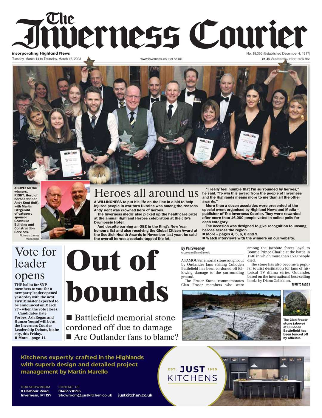 The Inverness Courier, March 14, front page.