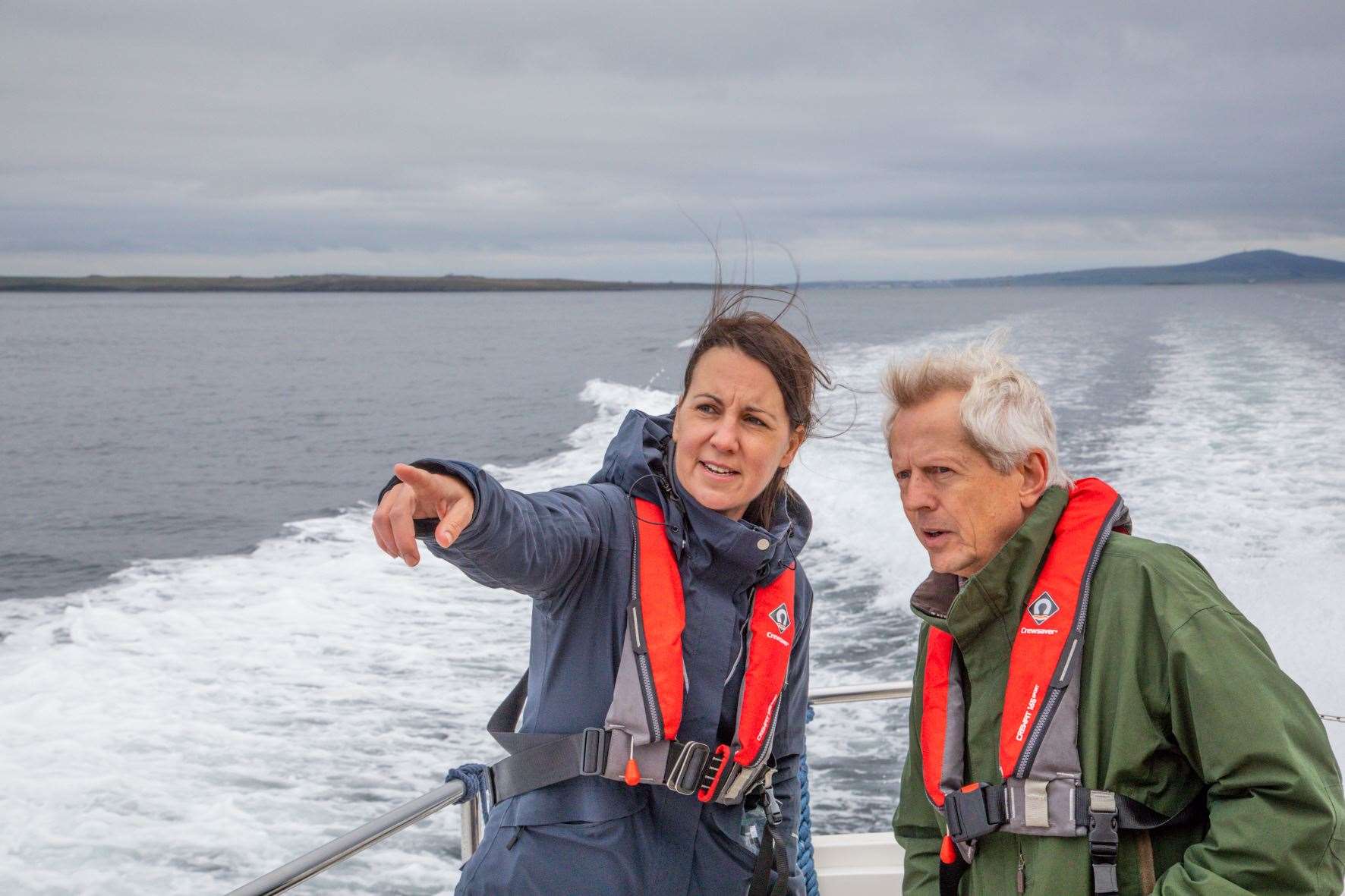 Sue Barr of the Marine Energy Council discuiing ocean energy with Richard Graham MP en route to the EMEC tidal test site.