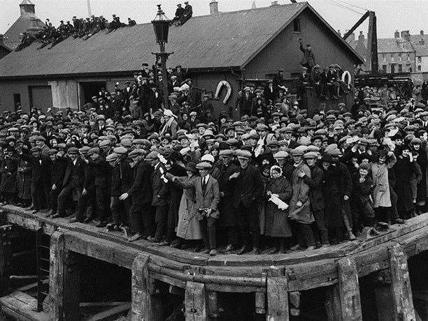 The crowded pier as people in Stornoway come to see off the SS Metagama with their loved ones on board. Picture: Topical Press Agency
