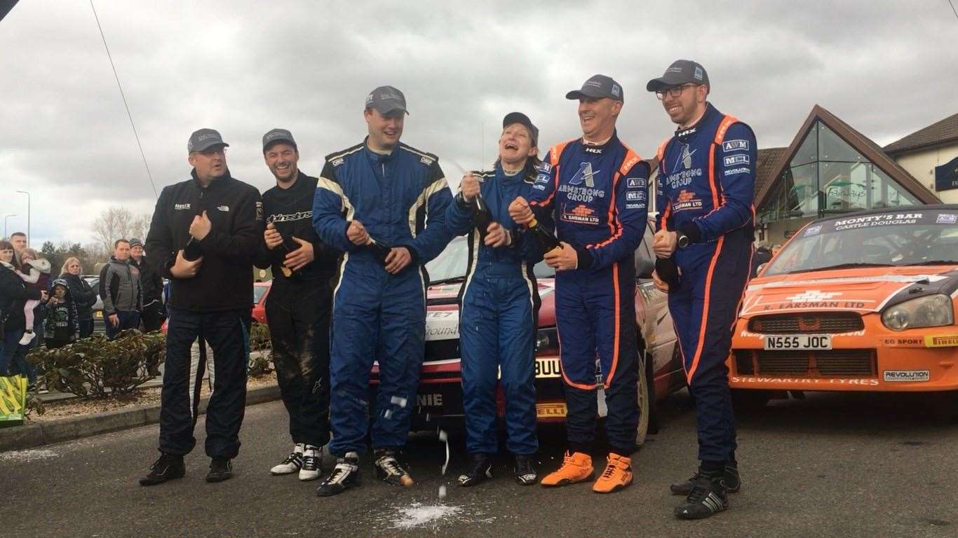 Michael Binnie and Claire Mole celebrate winning Snowman Rally 2020 with third place duo Patrick Walsh and Freddie Milne (left) and Jock Armstrong and Cameron Fair (right)