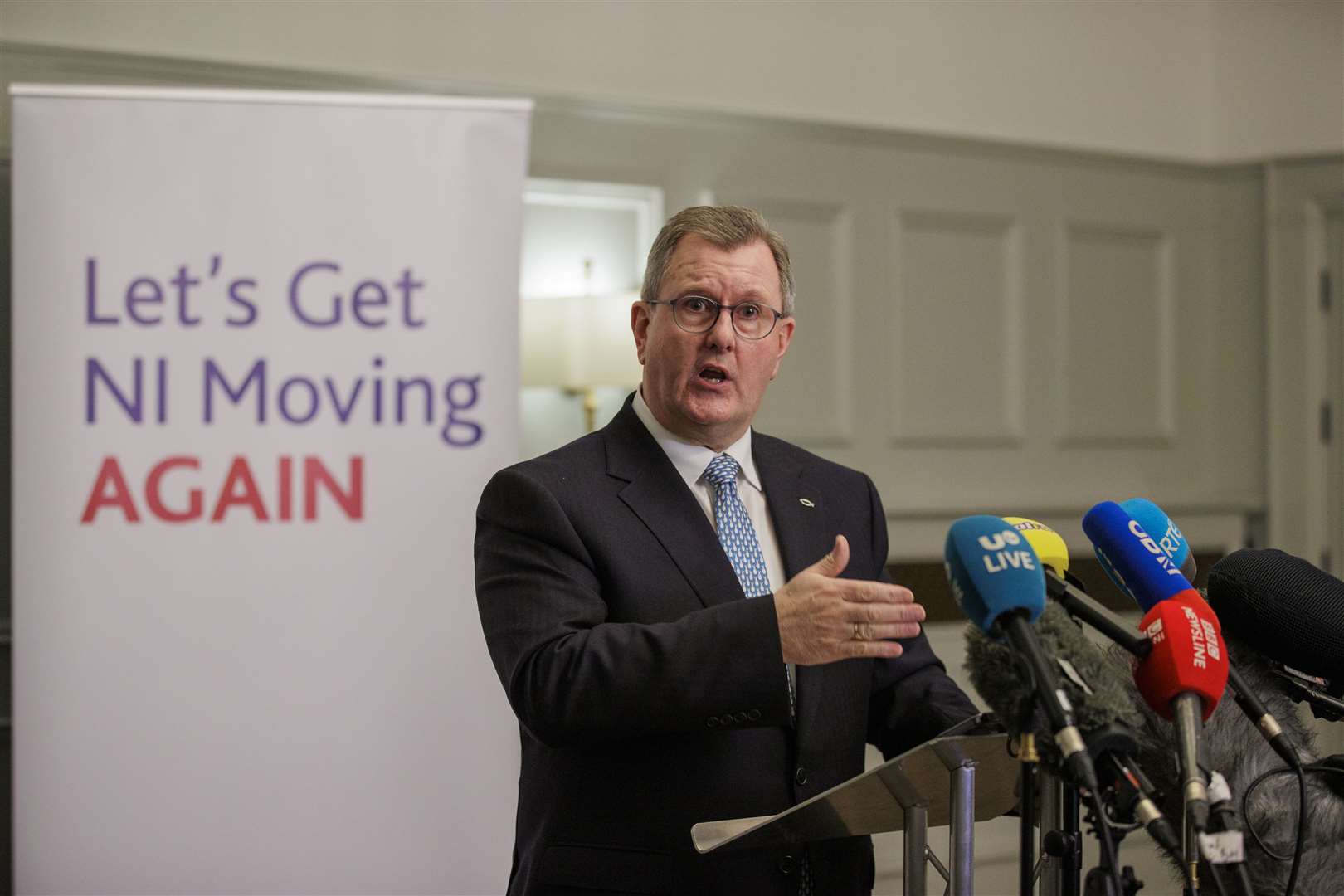 DUP leader Sir Jeffery Donaldson announced his deal at a 1am press conference in Co Down (Liam McBurney/PA)