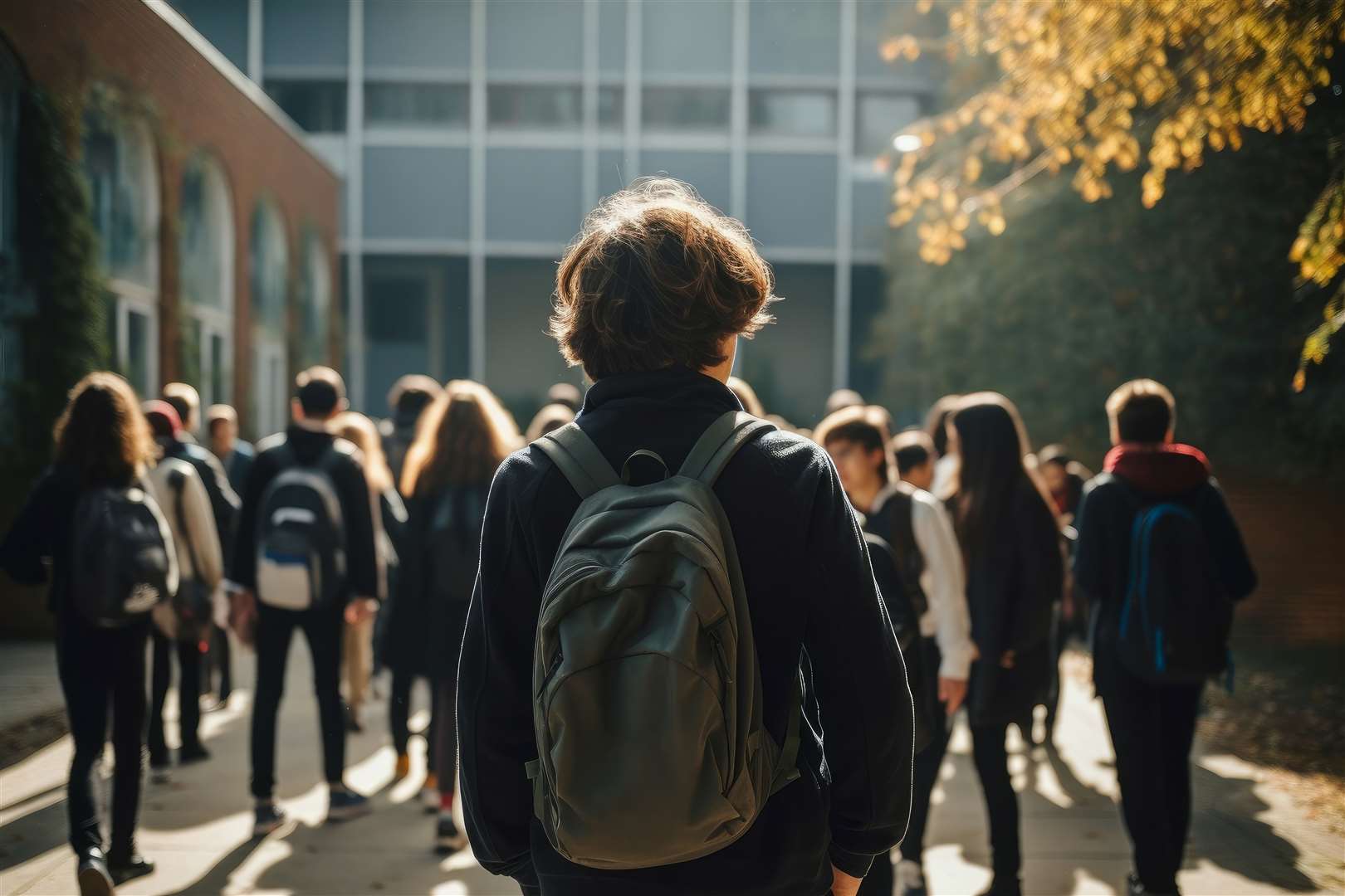 Boy walking to school class in the morning.